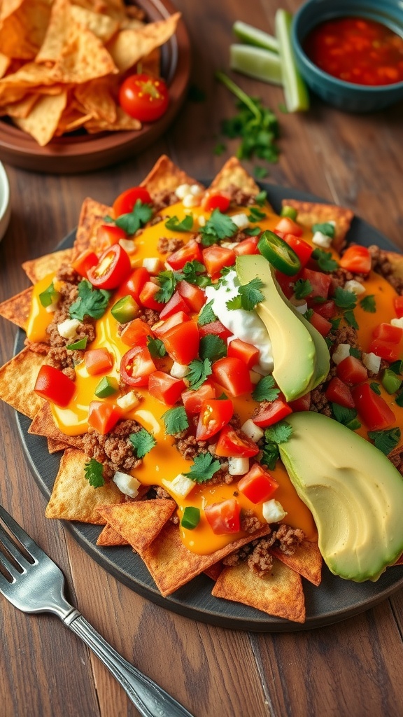A colorful plate of quinoa nachos with cheese, tomatoes, jalapeños, and avocado, garnished with cilantro.